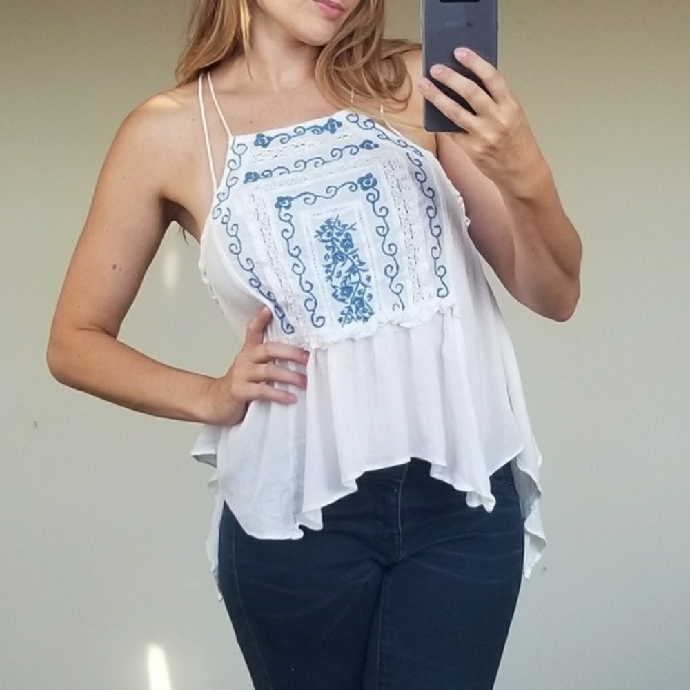 Free People White and Blue Embroidered Top Size Sm
